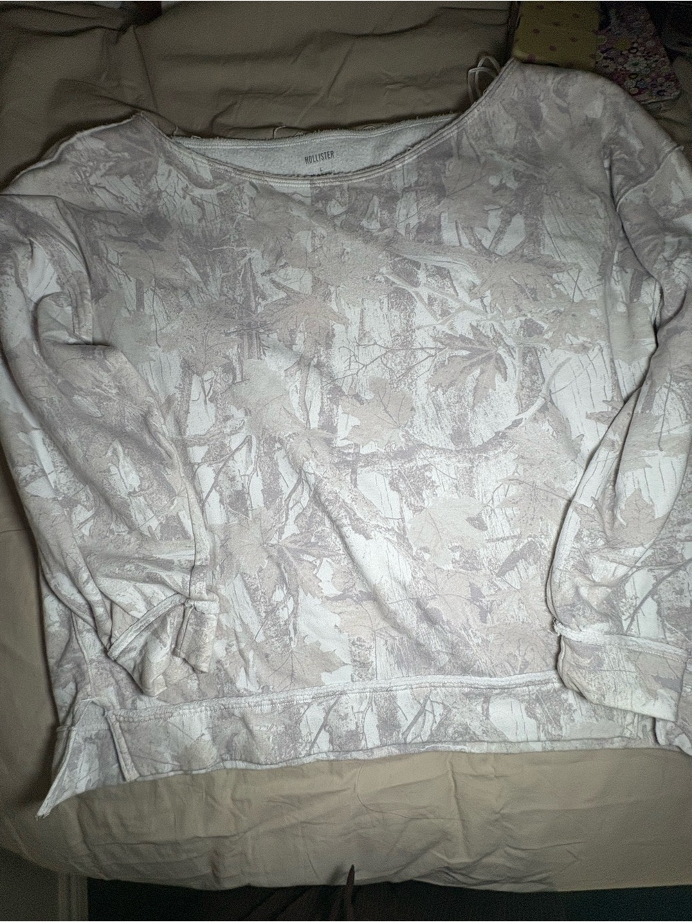 Hollister Women's Beige & Cream Printed off the shoulder Sweatshirt